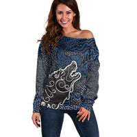 Viking Wolf and Valknut Off Shoulder Sweater Nordic Knotwork Rune Illustration