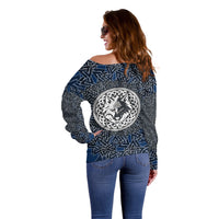 Viking Wolf and Valknut Off Shoulder Sweater Nordic Knotwork Rune Illustration