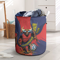 Spain Football 2026 Champions Laundry Basket Bull Mascot Illustration In Spanish National Colors Comic Style