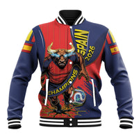 Spain Football 2026 Champions Baseball Jacket Bull Mascot Illustration In Spanish National Colors Comic Style