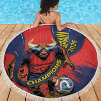 Spain Football 2026 Champions Beach Blanket Bull Mascot Illustration In Spanish National Colors Comic Style