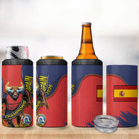 Spain Football 2026 Champions 4 in 1 Can Cooler Tumbler Bull Mascot Illustration In Spanish National Colors Comic Style