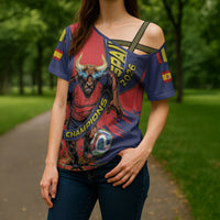 Spain Football 2026 Champions Cross Shoulder Shirt Bull Mascot Illustration In Spanish National Colors Comic Style