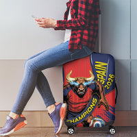 Spain Football 2026 Champions Luggage Cover Bull Mascot Illustration In Spanish National Colors Comic Style
