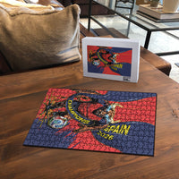 Spain Football 2026 Champions Puzzle Bull Mascot Illustration In Spanish National Colors Comic Style