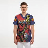 Spain Football 2026 Champions Scrub Top Bull Mascot Illustration In Spanish National Colors Comic Style