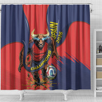 Spain Football 2026 Champions Shower Curtain Bull Mascot Illustration In Spanish National Colors Comic Style