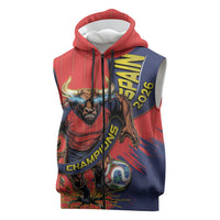Spain Football 2026 Champions Sleeveless Zip Hoodie Bull Mascot Illustration In Spanish National Colors Comic Style
