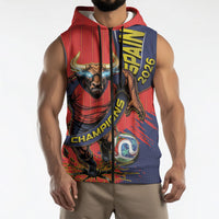 Spain Football 2026 Champions Sleeveless Zip Hoodie Bull Mascot Illustration In Spanish National Colors Comic Style