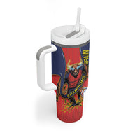 Spain Football 2026 Champions Tumbler With Handle Bull Mascot Illustration In Spanish National Colors Comic Style