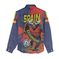 Spain Football 2026 Champions Women Casual Shirt Bull Mascot Illustration In Spanish National Colors Comic Style