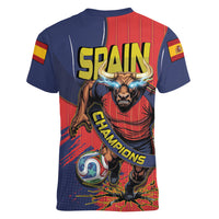 Spain Football 2026 Champions Women V-Neck T-Shirt Bull Mascot Illustration In Spanish National Colors Comic Style