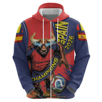 Spain Football 2026 Champions Zip Hoodie Bull Mascot Illustration In Spanish National Colors Comic Style