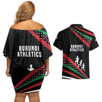 Burundi Couples Matching Off Shoulder Short Dress and Hawaiian Shirt with Athletics Runners Black Red Green Flag Spirit