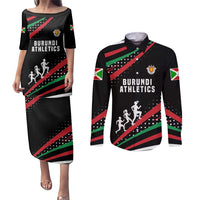 Burundi Couples Matching Puletasi and Long Sleeve Button Shirt with Athletics Runners Black Red Green Flag Spirit
