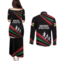 Burundi Couples Matching Puletasi and Long Sleeve Button Shirt with Athletics Runners Black Red Green Flag Spirit
