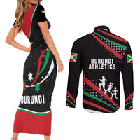 Burundi Couples Matching Short Sleeve Bodycon Dress and Long Sleeve Button Shirt with Athletics Runners Black Red Green Flag Spirit