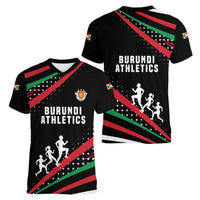 Burundi Women V-Neck T-Shirt with Athletics Runners Black Red Green Flag Spirit