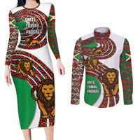 Burundi Lion Tribal Pattern Couples Matching Long Sleeve Bodycon Dress and Long Sleeve Button Shirt with National Motto Unité Travail Progrès
