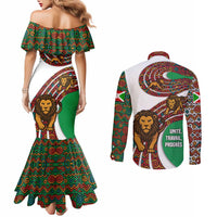 Burundi Lion Tribal Pattern Couples Matching Mermaid Dress and Long Sleeve Button Shirt with National Motto Unité Travail Progrès