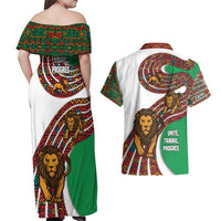 Burundi Lion Tribal Pattern Couples Matching Off Shoulder Maxi Dress and Hawaiian Shirt with National Motto Unité Travail Progrès