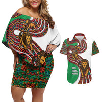 Burundi Lion Tribal Pattern Couples Matching Off Shoulder Short Dress and Hawaiian Shirt with National Motto Unité Travail Progrès