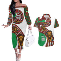 Burundi Lion Tribal Pattern Couples Matching Off The Shoulder Long Sleeve Dress and Hawaiian Shirt with National Motto Unité Travail Progrès