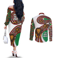 Burundi Lion Tribal Pattern Couples Matching Off The Shoulder Long Sleeve Dress and Long Sleeve Button Shirt with National Motto Unité Travail Progrès