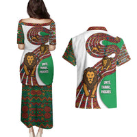Burundi Lion Tribal Pattern Couples Matching Puletasi and Hawaiian Shirt with National Motto Unité Travail Progrès
