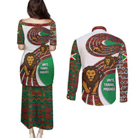 Burundi Lion Tribal Pattern Couples Matching Puletasi and Long Sleeve Button Shirt with National Motto Unité Travail Progrès