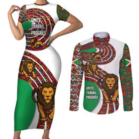 Burundi Lion Tribal Pattern Couples Matching Short Sleeve Bodycon Dress and Long Sleeve Button Shirt with National Motto Unité Travail Progrès