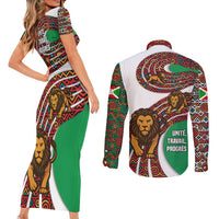 Burundi Lion Tribal Pattern Couples Matching Short Sleeve Bodycon Dress and Long Sleeve Button Shirt with National Motto Unité Travail Progrès