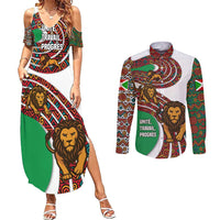 Burundi Lion Tribal Pattern Couples Matching Summer Maxi Dress and Long Sleeve Button Shirt with National Motto Unité Travail Progrès