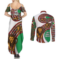 Burundi Lion Tribal Pattern Couples Matching Summer Maxi Dress and Long Sleeve Button Shirt with National Motto Unité Travail Progrès