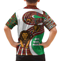 Burundi Lion Tribal Pattern Family Matching Off The Shoulder Long Sleeve Dress and Hawaiian Shirt with National Motto Unité Travail Progrès