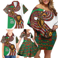 Burundi Lion Tribal Pattern Family Matching Off Shoulder Short Dress and Hawaiian Shirt with National Motto Unité Travail Progrès