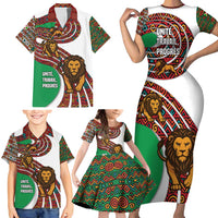 Burundi Lion Tribal Pattern Family Matching Short Sleeve Bodycon Dress and Hawaiian Shirt with National Motto Unité Travail Progrès