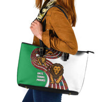 Burundi Lion Tribal Pattern Leather Tote Bag with National Motto Unité Travail Progrès