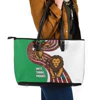 Burundi Lion Tribal Pattern Leather Tote Bag with National Motto Unité Travail Progrès