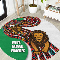 Burundi Lion Tribal Pattern Round Carpet with National Motto Unité Travail Progrès