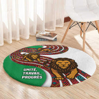 Burundi Lion Tribal Pattern Round Carpet with National Motto Unité Travail Progrès