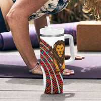 Burundi Lion Tribal Pattern Tumbler With Handle with National Motto Unité Travail Progrès