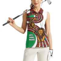 Burundi Lion Tribal Pattern Women Sleeveless Polo Shirt with National Motto Unité Travail Progrès