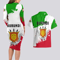 Burundi Flag Couples Matching Long Sleeve Bodycon Dress and Hawaiian Shirt with National Emblem and Motto Unité Travail Progres