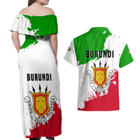 Burundi Flag Couples Matching Off Shoulder Maxi Dress and Hawaiian Shirt with National Emblem and Motto Unité Travail Progres