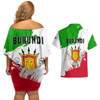 Burundi Flag Couples Matching Off Shoulder Short Dress and Hawaiian Shirt with National Emblem and Motto Unité Travail Progres