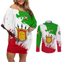 Burundi Flag Couples Matching Off Shoulder Short Dress and Long Sleeve Button Shirt with National Emblem and Motto Unité Travail Progres