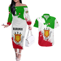 Burundi Flag Couples Matching Off The Shoulder Long Sleeve Dress and Hawaiian Shirt with National Emblem and Motto Unité Travail Progres