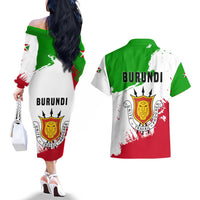 Burundi Flag Couples Matching Off The Shoulder Long Sleeve Dress and Hawaiian Shirt with National Emblem and Motto Unité Travail Progres