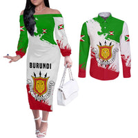Burundi Flag Couples Matching Off The Shoulder Long Sleeve Dress and Long Sleeve Button Shirt with National Emblem and Motto Unité Travail Progres